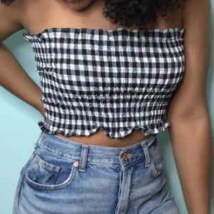 PrettyLittleThing gingham plaid print shirred ruffle cropped tube top S